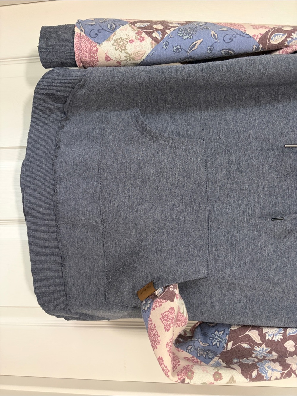 Maurices Heather Blue Pullover Hoodie with Floral Patchwork Sleeves - Picture 2 of 5